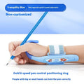 Blue anti-hook wrist brace pen corrector for children's handwriting posture on a desk.