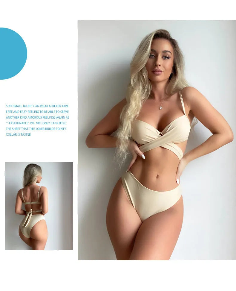 Women's white backless push-up bikini three-piece set with matching skirt on a mannequin.