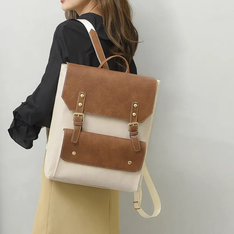 Korean retro backpack in soft PU material showing ventilation features and burden reduction design