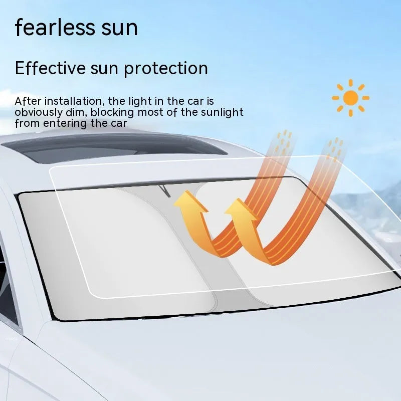 Car sun shade with double rings and vent for front windscreen protection.