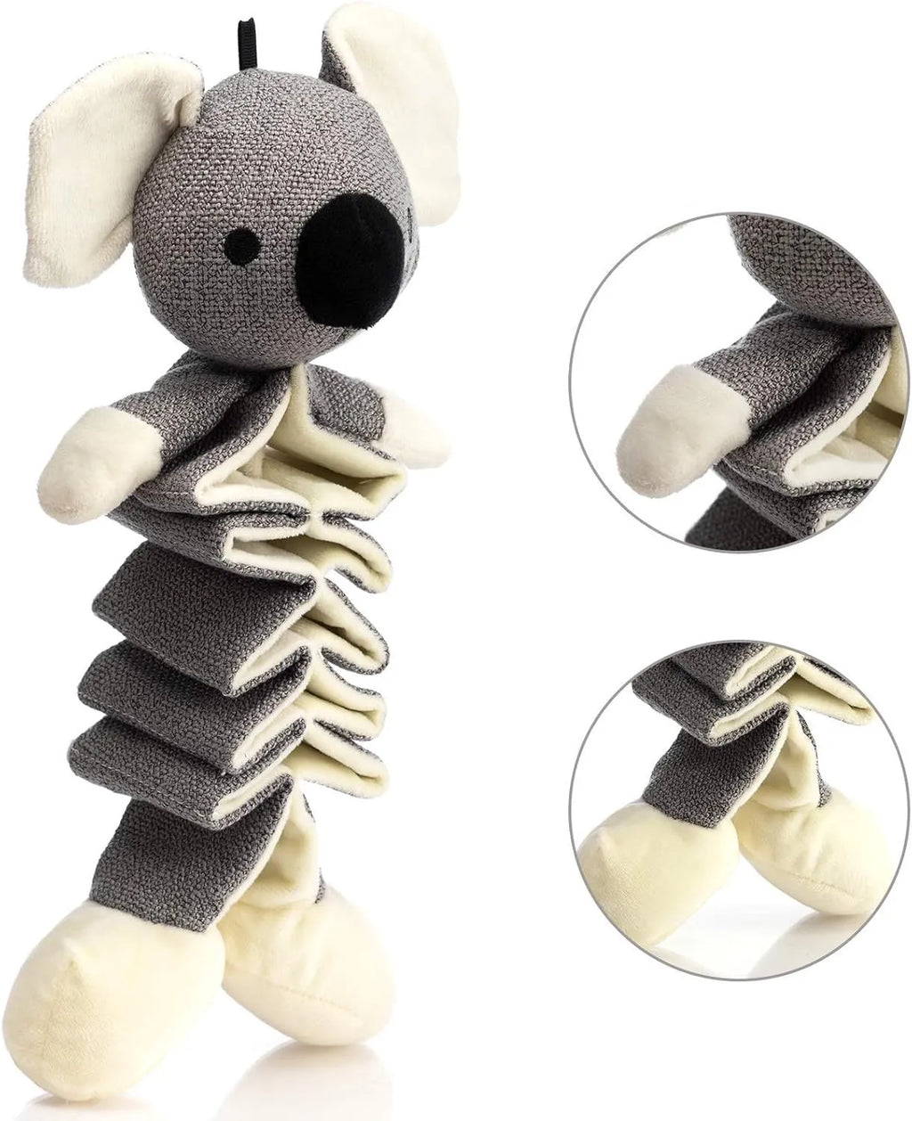 Grey koala dog chew toy with crinkle paper, measuring 30cm long, for small medium large dogs.