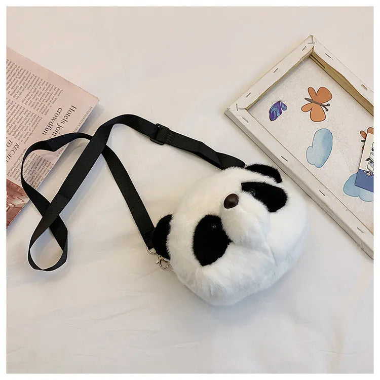 Plush cylindrical crossbody bag with panda head design measuring 18×15×8cm