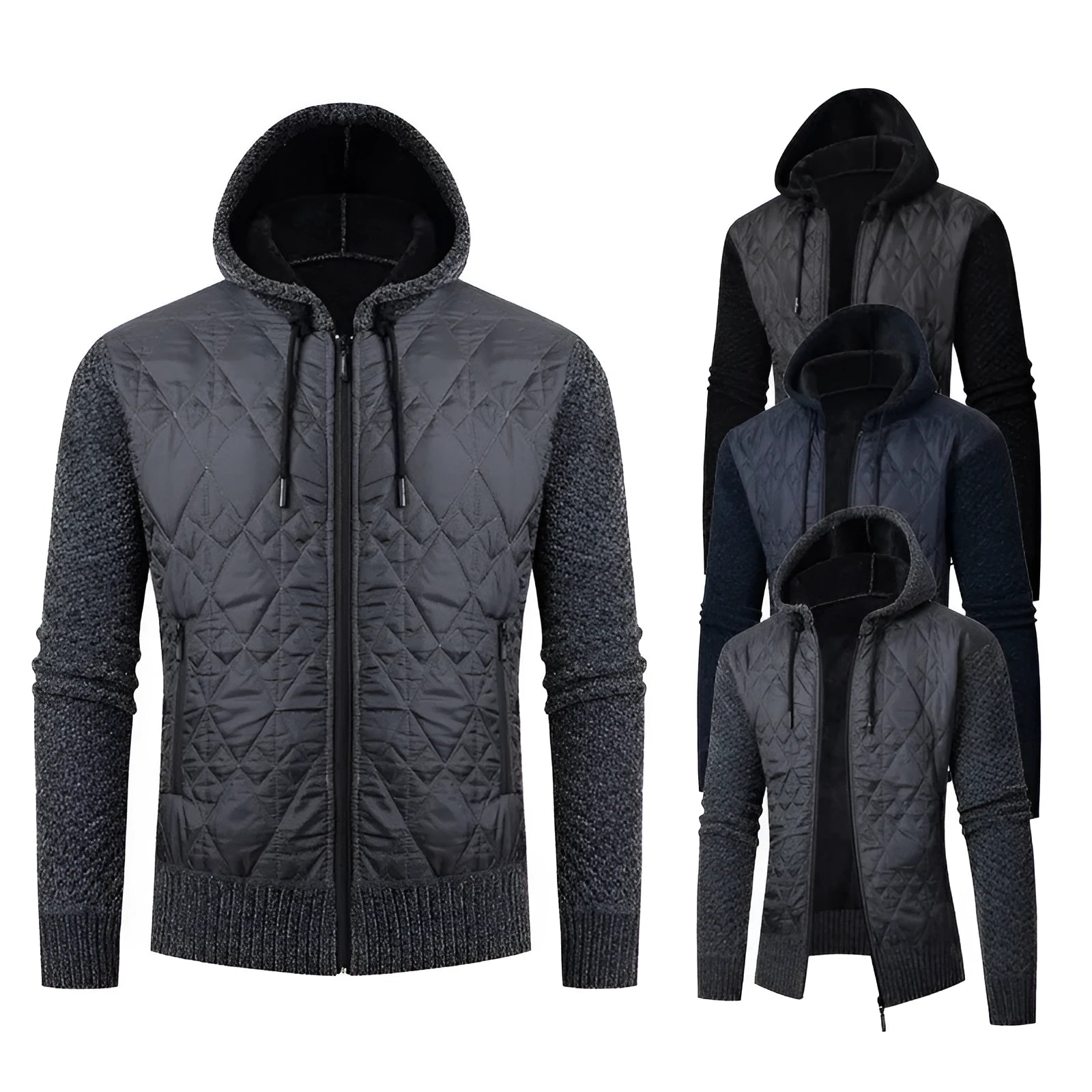 Men's grey corduroy hooded sweater coat with a cinched waist, shown front view.