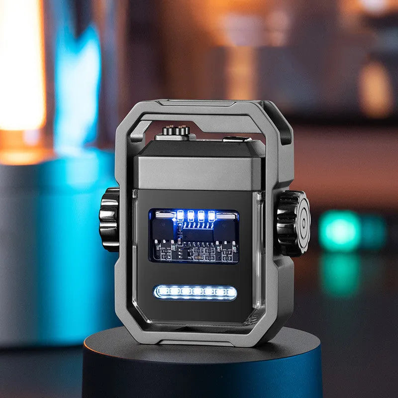 Blue arc lighter with dual plasma flame and mechanical gyroscope, showing folded and extended positions