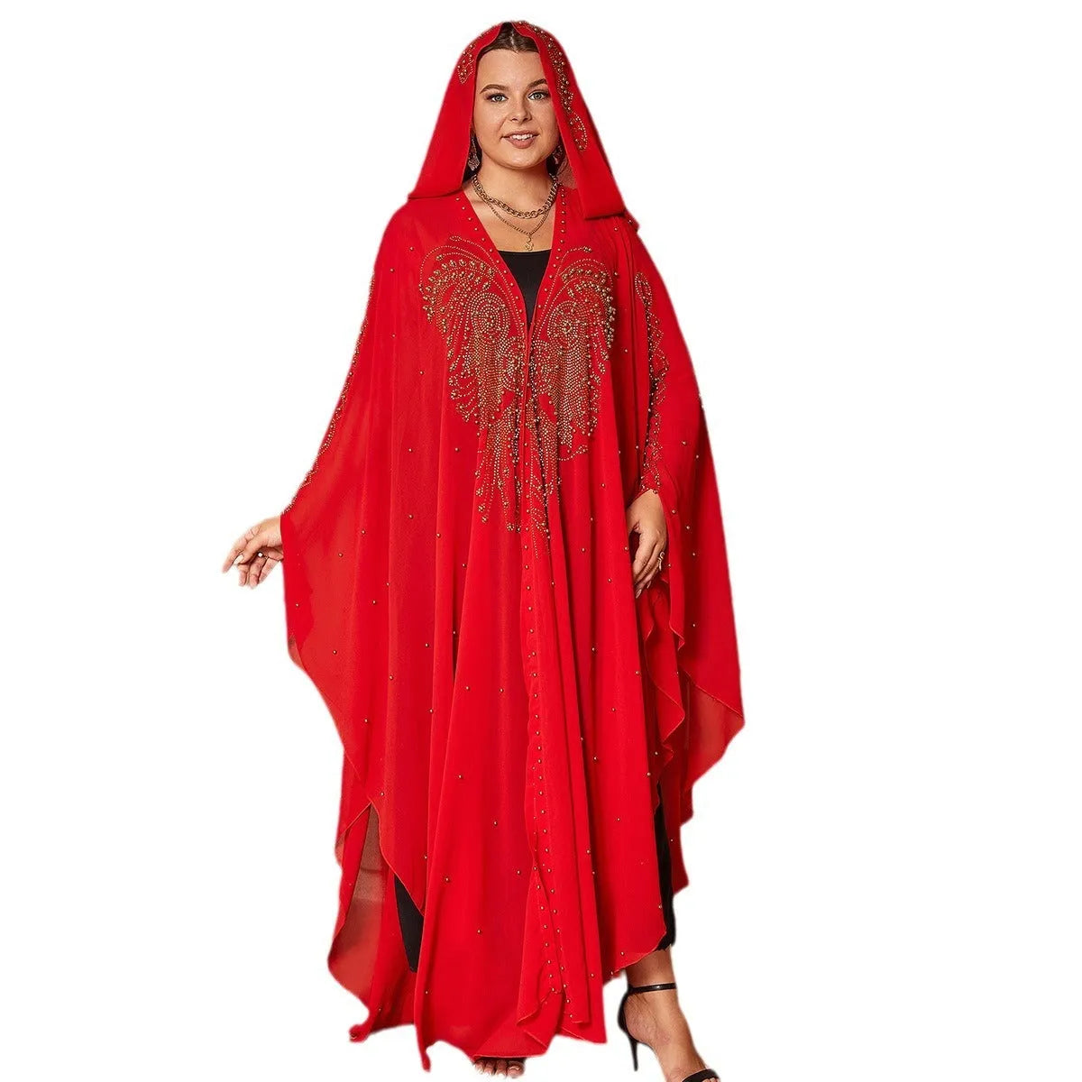 Purple Muslim style chiffon cape shawl with rhinestone beading showing length and decorative detail