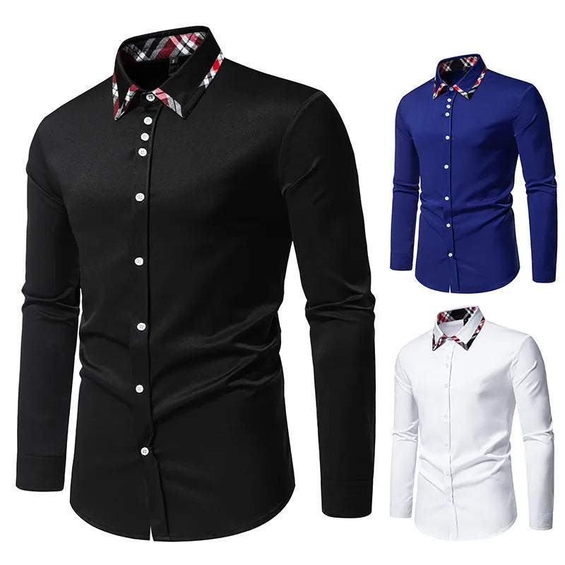 Men's plaid triangle collar long sleeve shirt in chemical fibre blend fabric