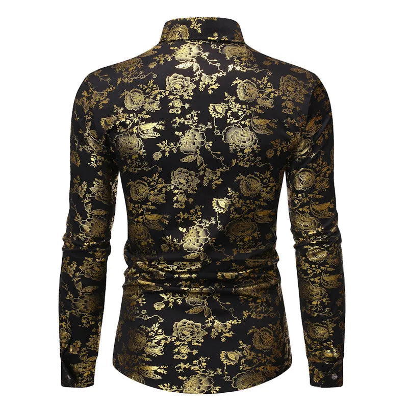 Men's casual long sleeve shirt with a metal bronzing printed lapel in a cardigan style.