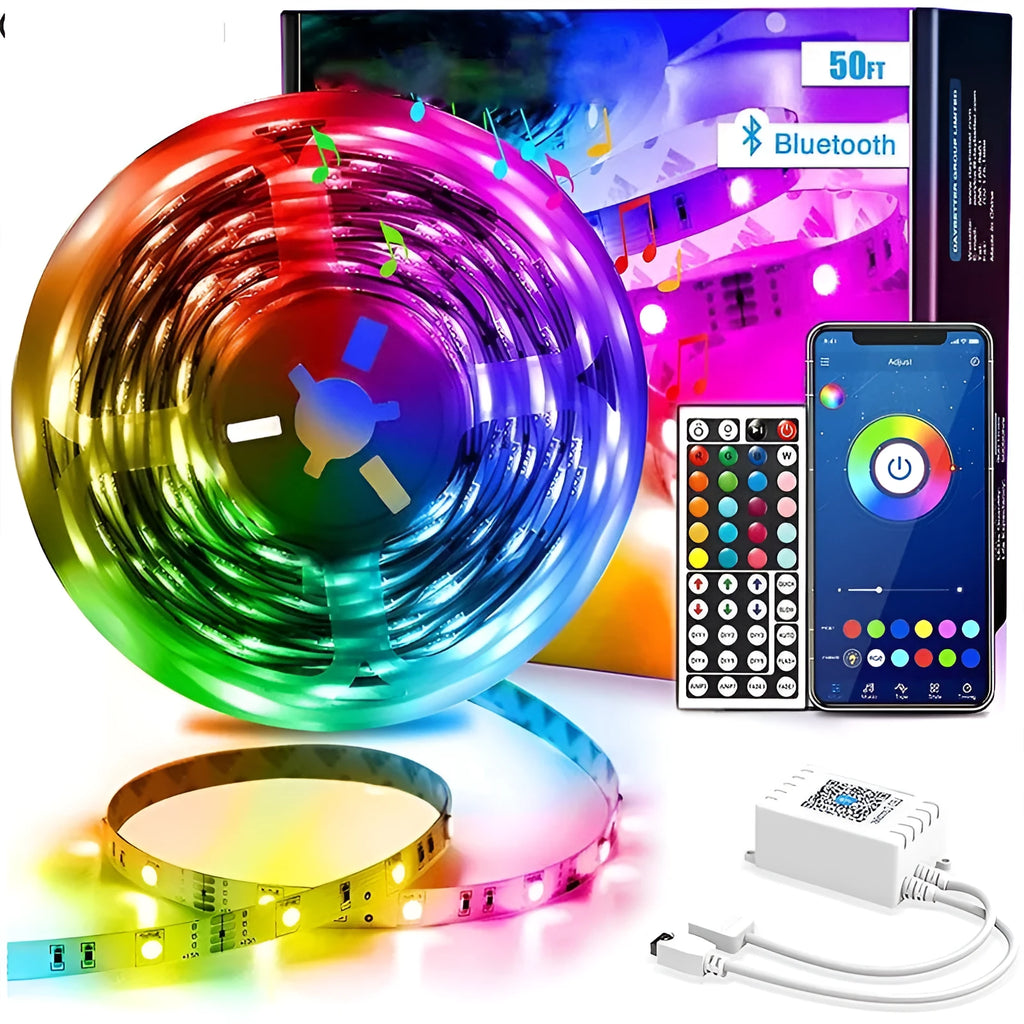12V RGB LED strip light with Bluetooth remote control showing waterproof and non-waterproof options