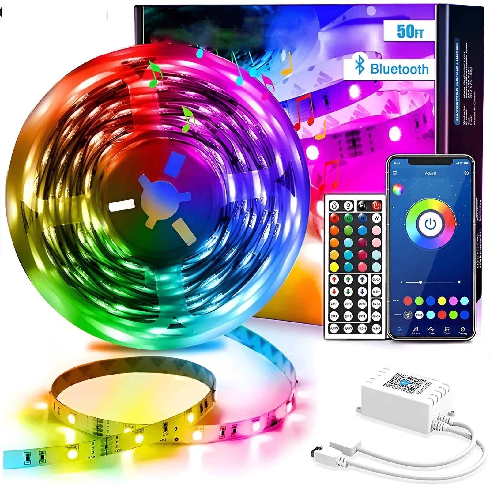 12V RGB LED strip light with Bluetooth remote control showing waterproof and non-waterproof options