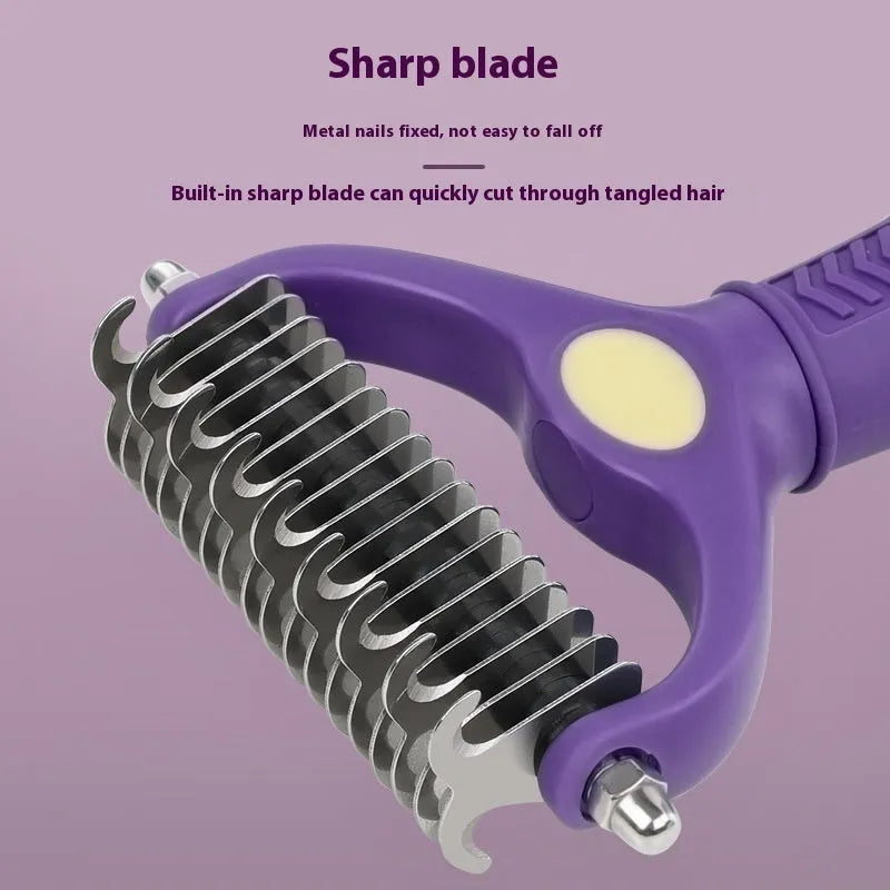 Purple double-sided plastic pet comb for untying knots in dog and cat fur
