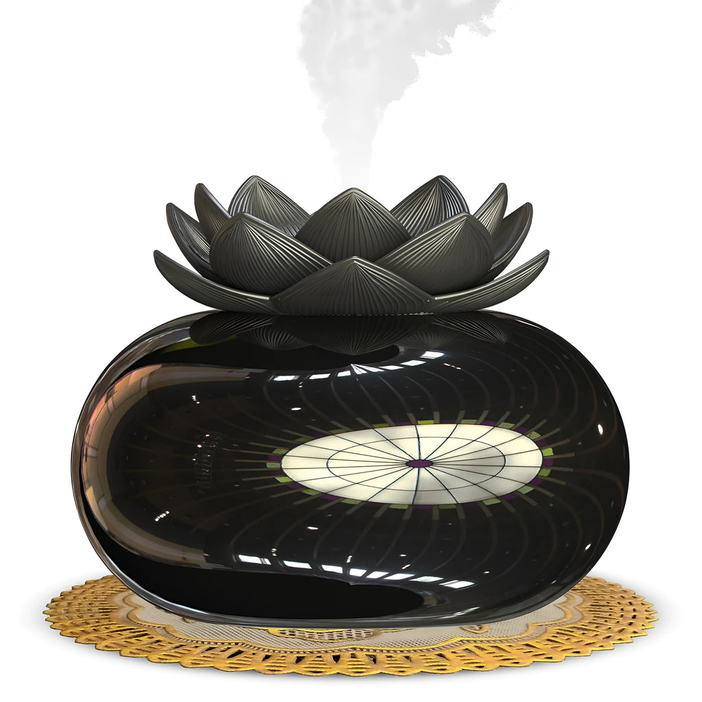 Pure black round lotus aromatherapy humidifier with USB cable and ceramic accents