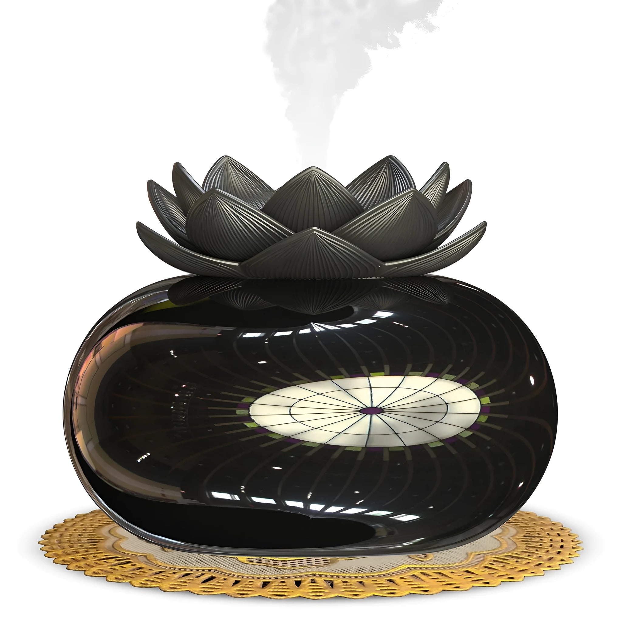 Pure black round lotus aromatherapy humidifier with USB cable and ceramic accents
