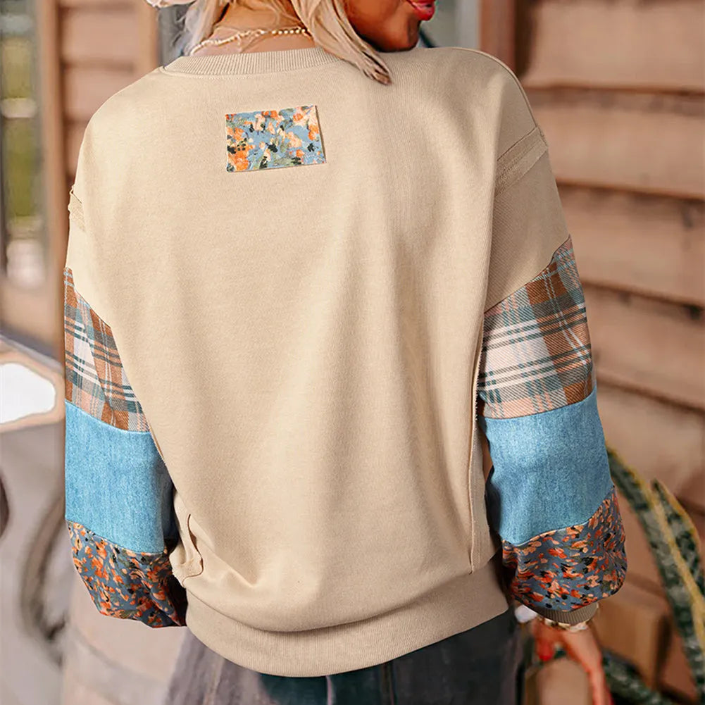 Women's plaid stitching long-sleeved polyester top in loose Japanese Korean casual style