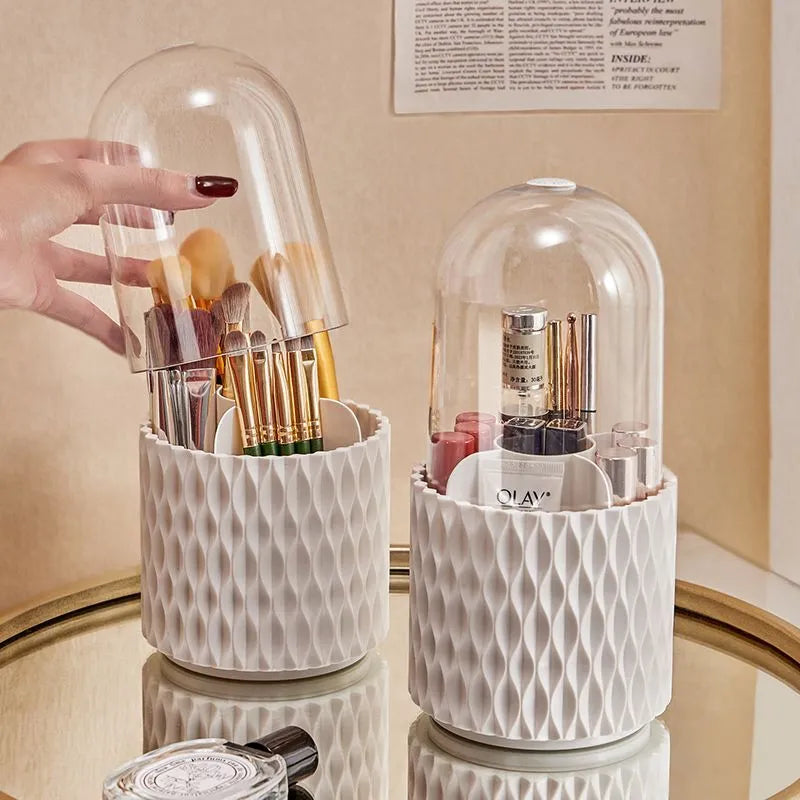360 rotating large capacity transparent acrylic makeup brush storage pen holder with lid in white, PET HIPS desktop cosmetic organiser
