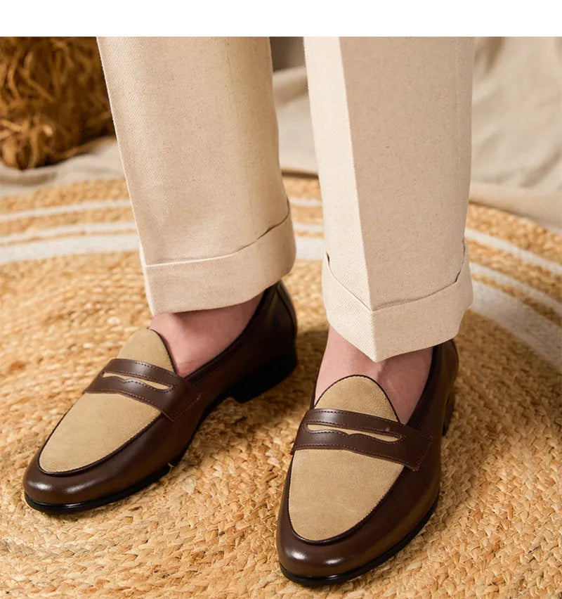 Coffee grey suede Belgian loafers with a slip-on design and rubber sole.