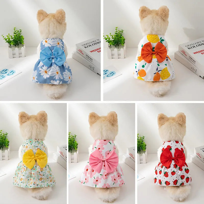 Polyester pet dress with floral butterfly princess design and decorative bow in multiple colour options
