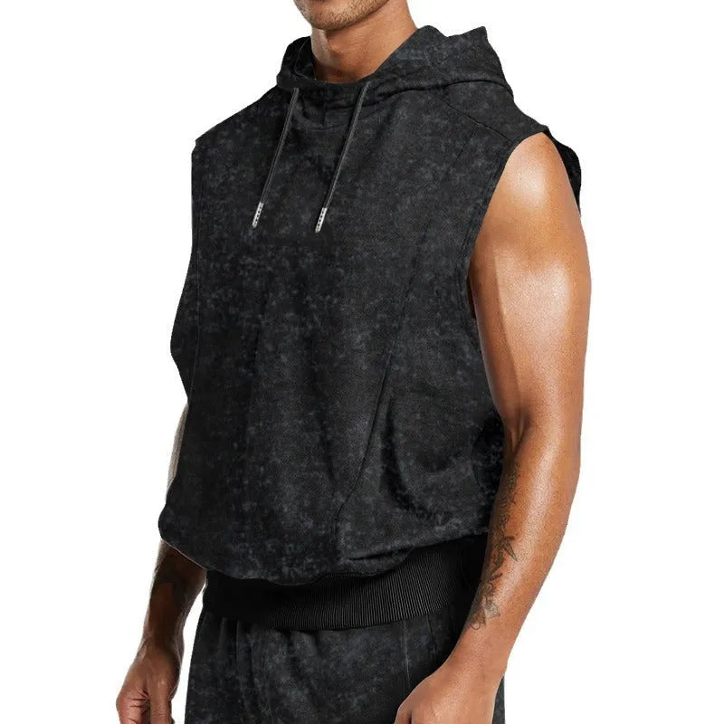 Men's fashion distressed all-over printed floral sleeveless hooded top in gray, slim fit, with 3D patch pocket