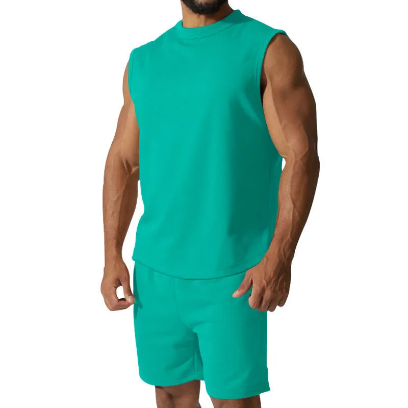 Men's sleeveless top and shorts sports set in cotton blend fabric shown in army green colour.