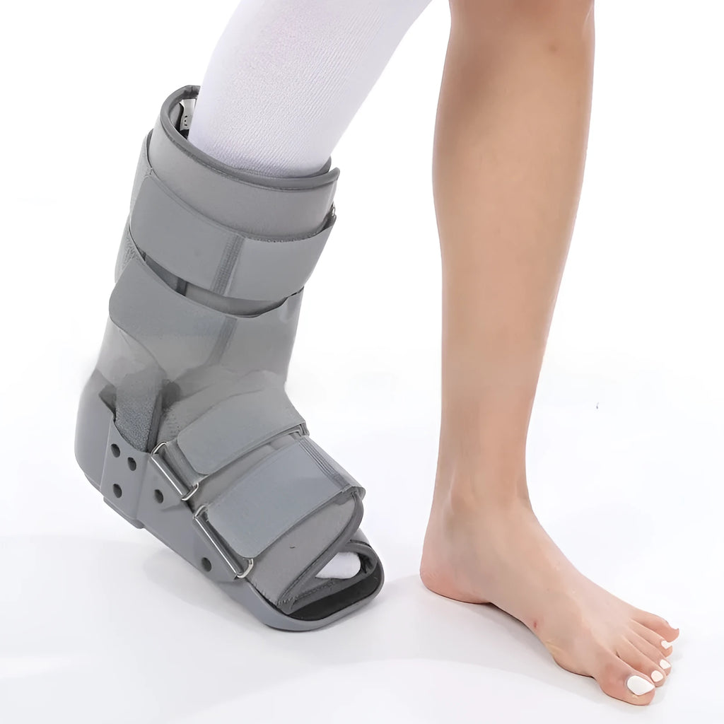 Grey achilles tendon rehabilitation boot with adjustable aluminium support plate