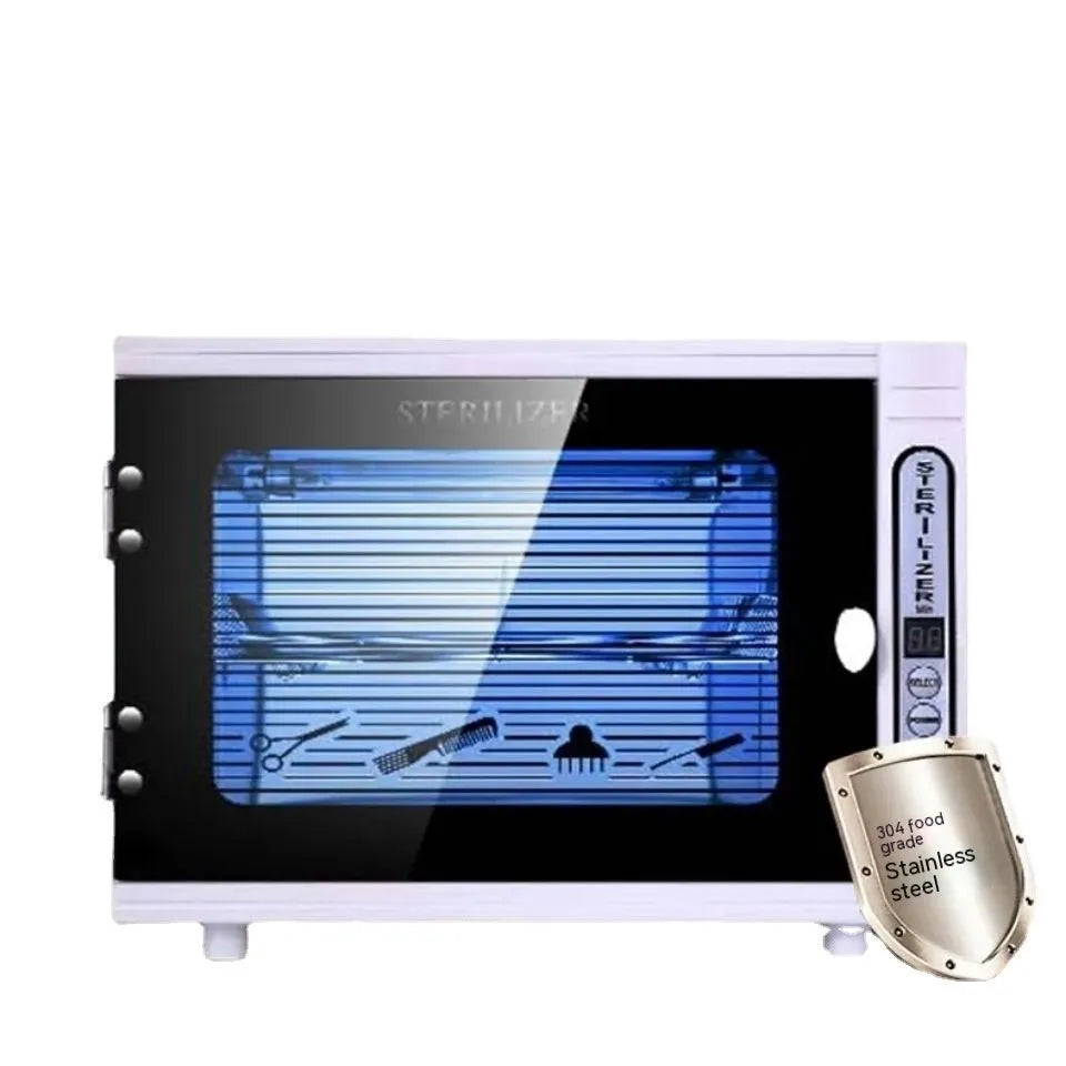 Small silver UV steriliser unit with stainless steel inner chamber for beauty tool sanitisation