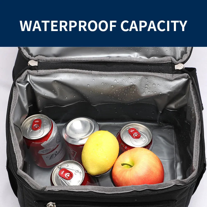 Blue double-layer insulated picnic backpack with shoulder straps and 22-litre capacity.