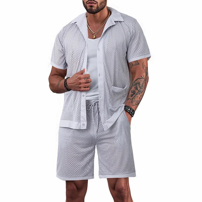 Beach shorts suit set with short sleeve cardigan and matching shorts in lightweight fabric