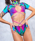 Women's long sleeve swimsuit with high collar tie neckline in polyester fabric