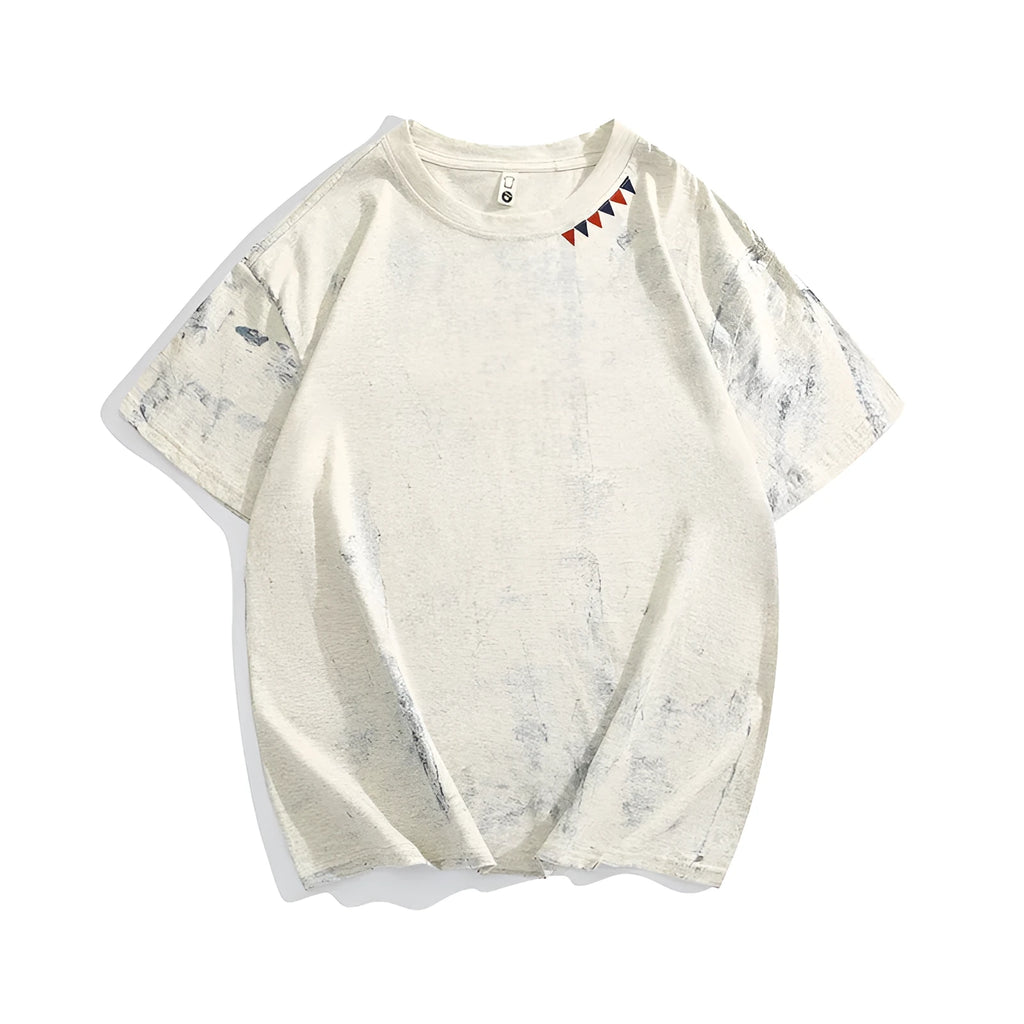 Grey loose-fit tie dye T-shirt with full printing paint design and short sleeves.