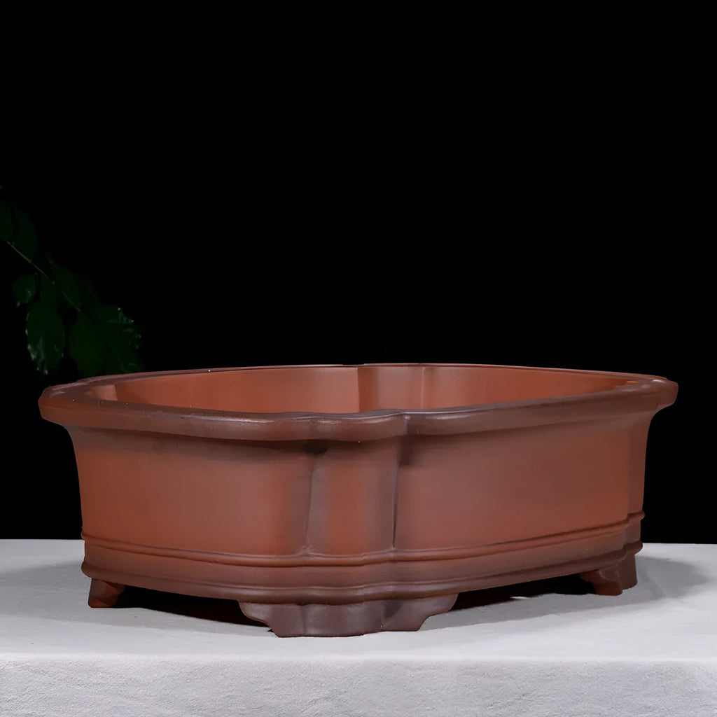 Large oval antique-finish purple clay flowerpot in Chinese style for bonsai trees.