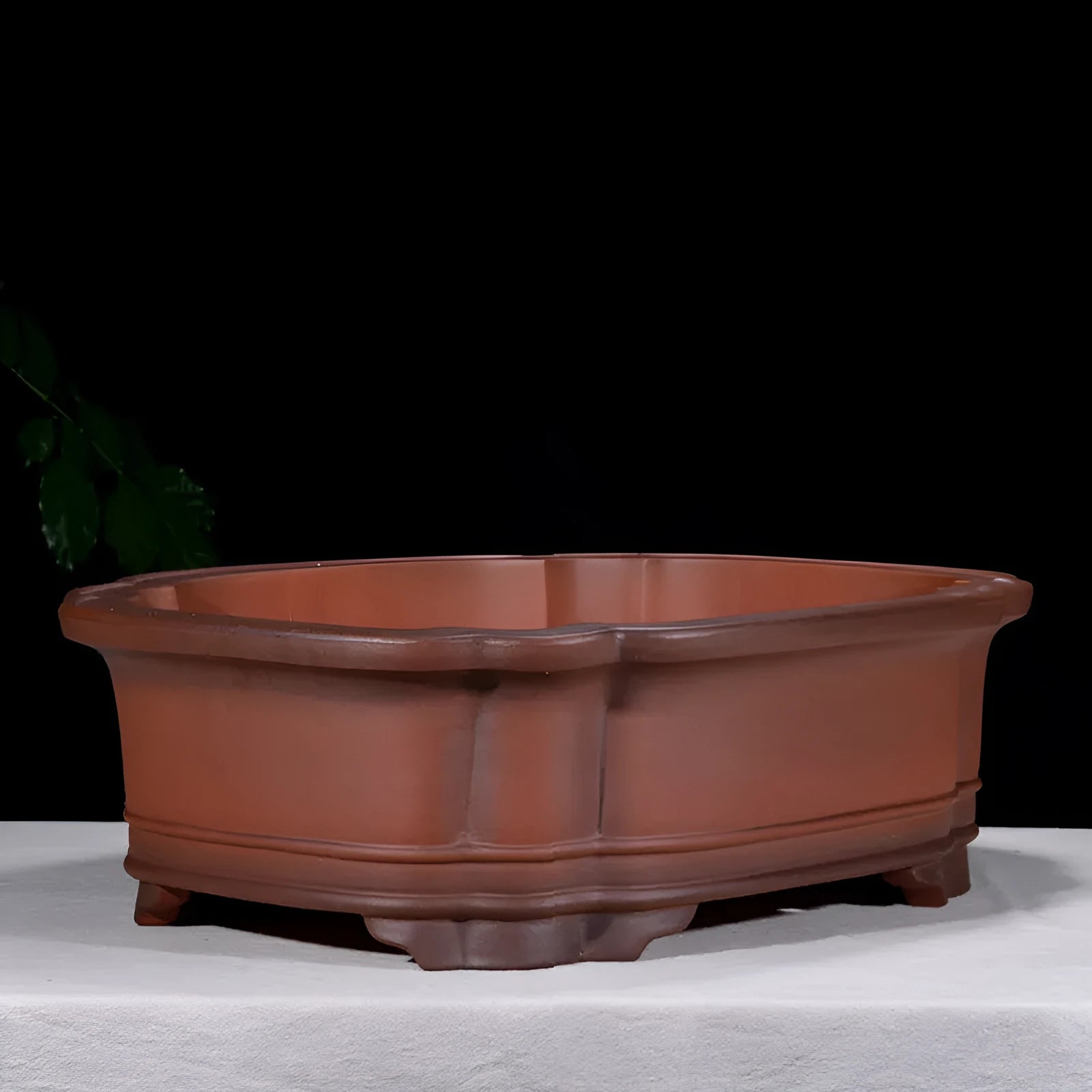 Large oval antique-finish purple clay flowerpot in Chinese style for bonsai trees.