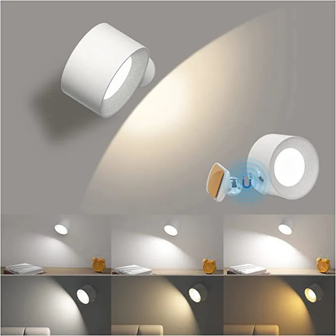USB rechargeable LED wall lamp in white with ABS plastic housing and 7.5cm diameter