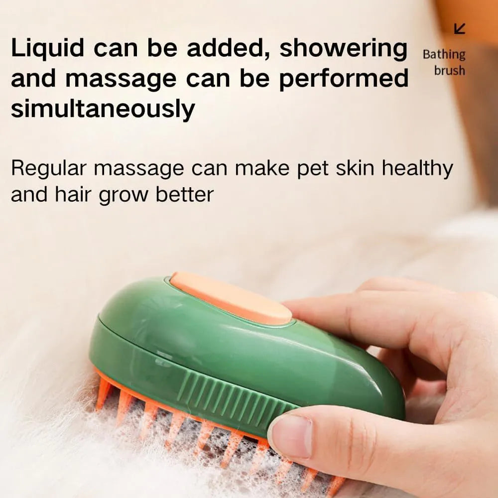 Green and white rechargeable cat steam grooming brush with silicone teeth and water spray nozzle.