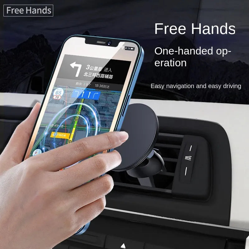 Black aluminium alloy magnetic car air vent phone holder mounted on vehicle dashboard