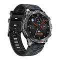 Black sports smartwatch with AMOLED screen on a silicone strap, showing fitness data.