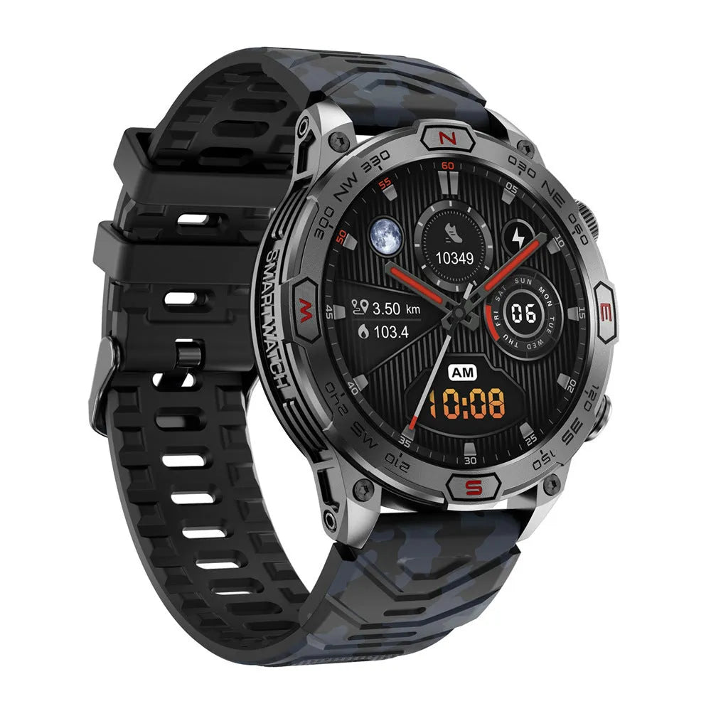 Black sports smartwatch with AMOLED screen on a silicone strap, showing fitness data.