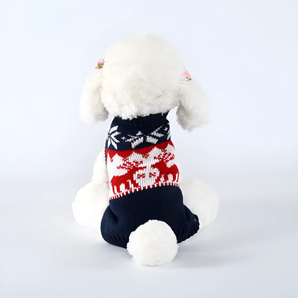 Navy blue knitted Christmas sweater for dogs on mannequin showing European-American style design