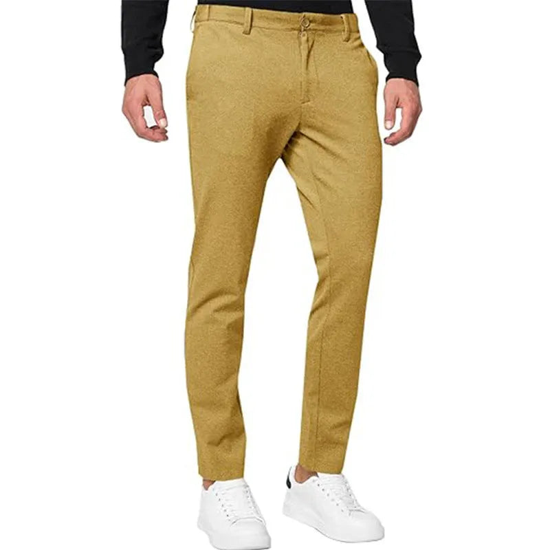 Men's slim-fit tapered chino trousers in a cotton blend fabric, shown in solid colour options.