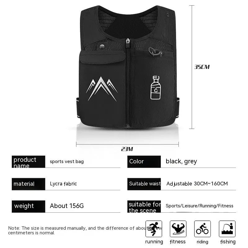 A classic black breathable mesh running vest with a front pocket designed to hold a mobile phone up to 7.5 inches.