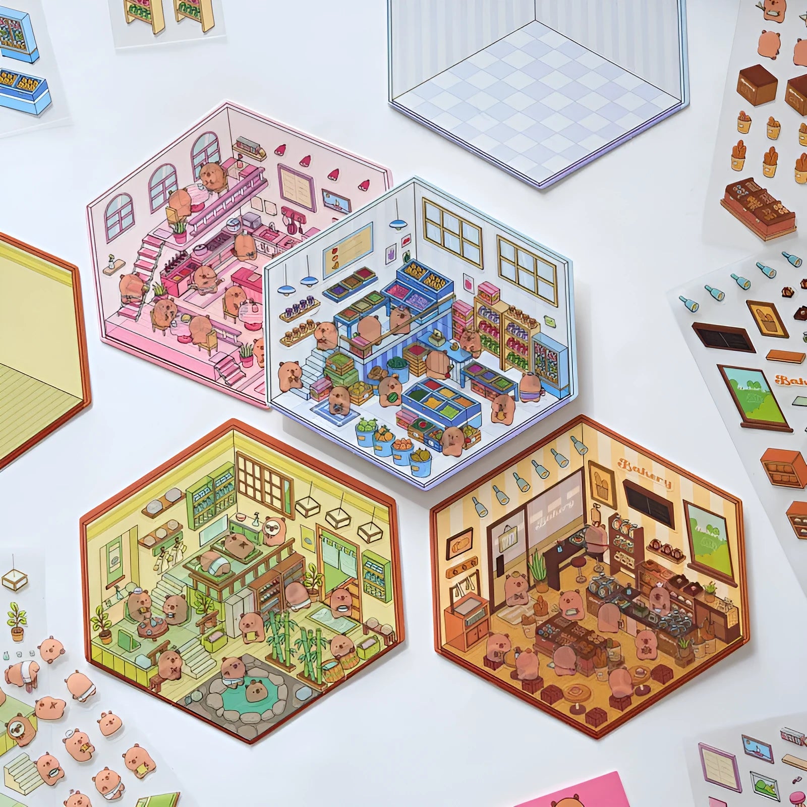 Pack of cut-free three-dimensional PET stickers in eight cartoon shop themes including bakery, bookstore, and fruit shop designs.