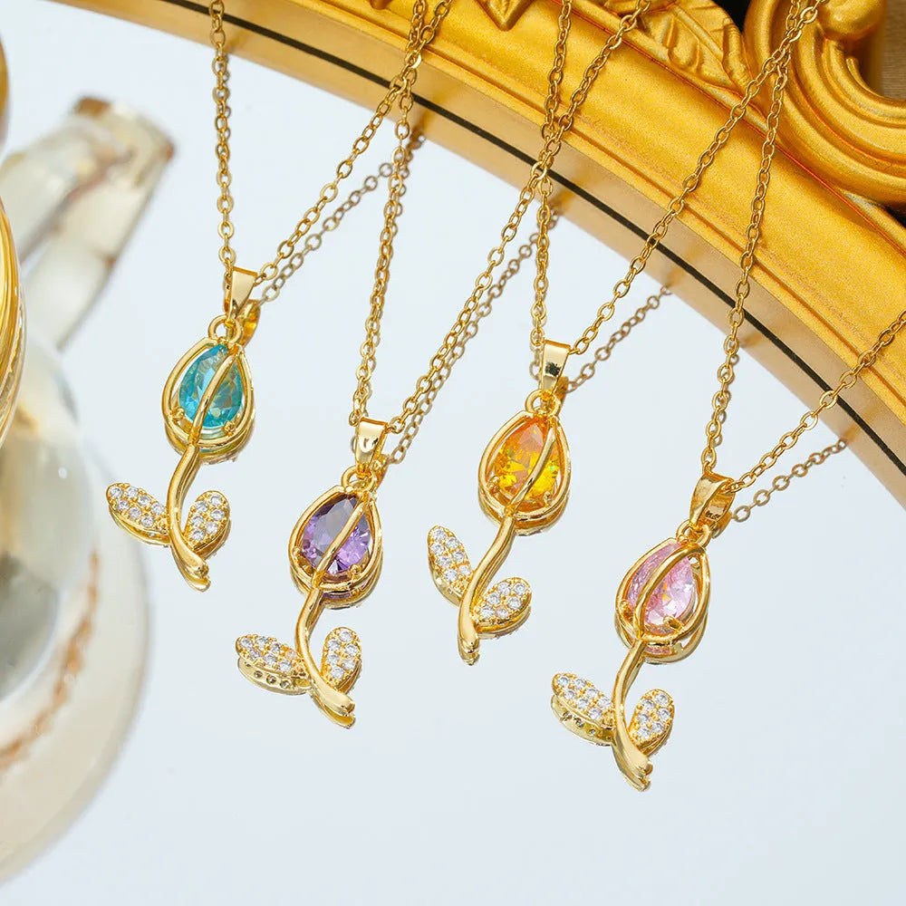 Women's zircon tulip necklace with gold finish and adjustable chain in five colour options