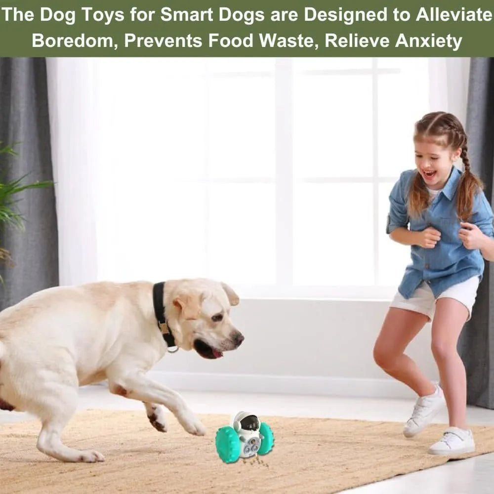 Robot-shaped self-balancing dog treat tumbler toy for small pets on a floor.