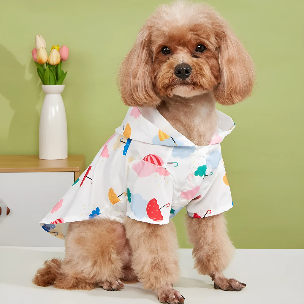 Colourful cartoon umbrella pattern polyester raincoat for a dog or cat, shown in size L.