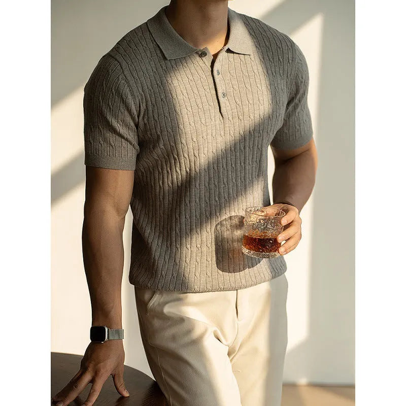 Men's khaki short sleeve business casual top showing front view with Asian fit sizing label