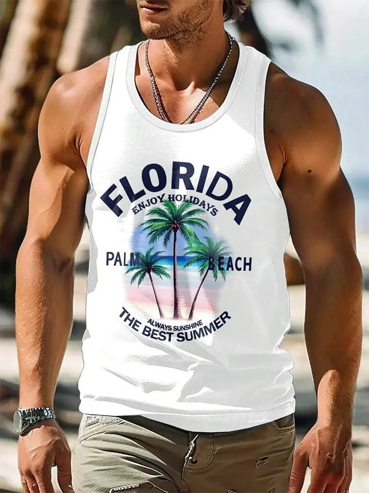 Men's 3D printed Hawaiian style sleeveless vest in solid colour polyester fabric