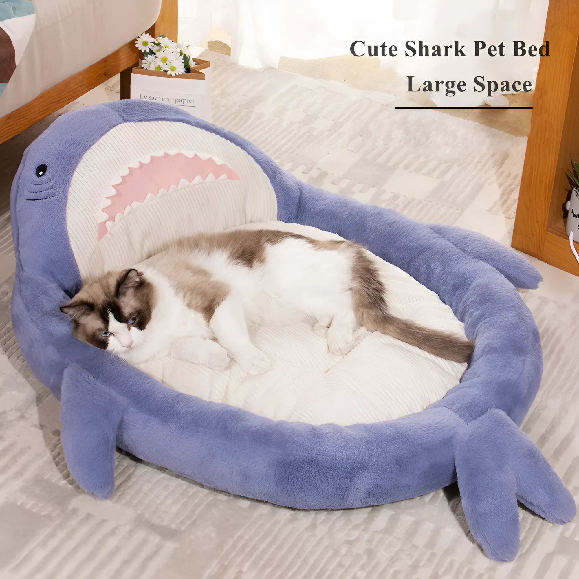 Blue shark pattern velvet pet bed cushion with non-slip bottom for small to medium dogs