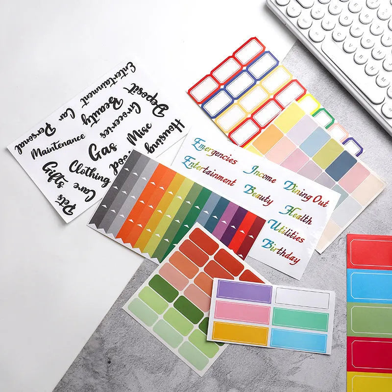Handwritten label adhesive stickers showing colour grids with A6 rulers and sticky notes
