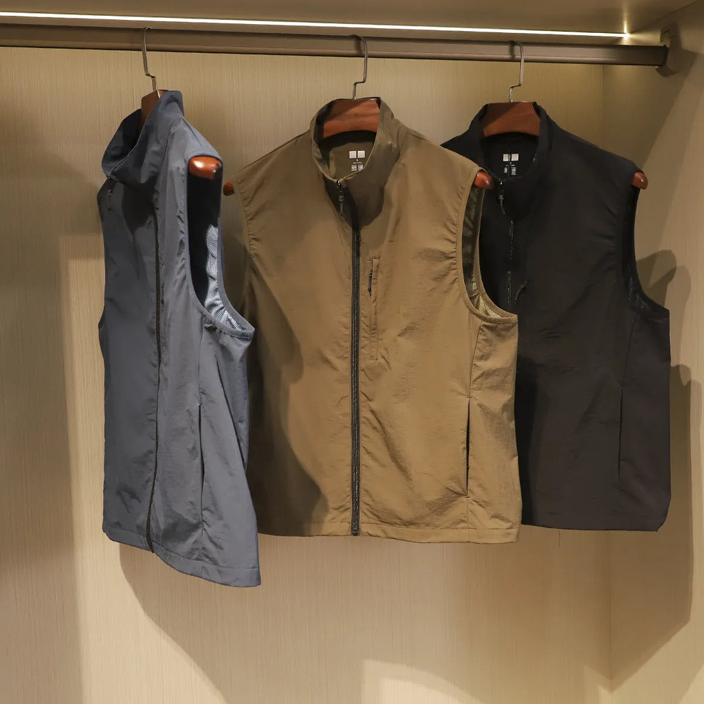 Men's retro nylon cardigan vest in Army Green with side seam pockets