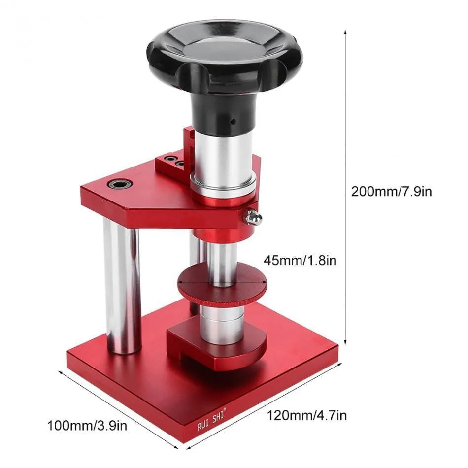 Watch repair tool with spiral cap presser and 20 plastic molds for back cover installation