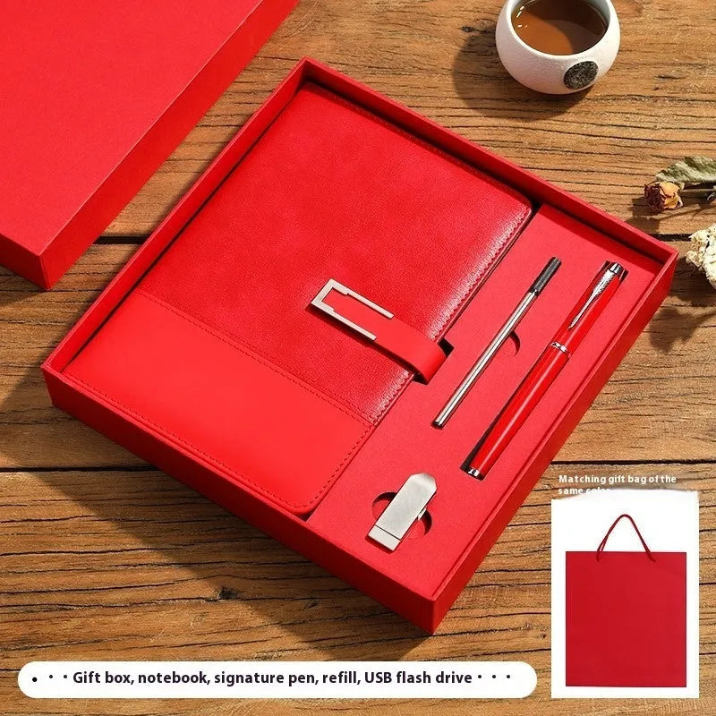 A5 business notebook with PU leather cover in brown, black, green, blue, or red, alongside a luxury gift box.