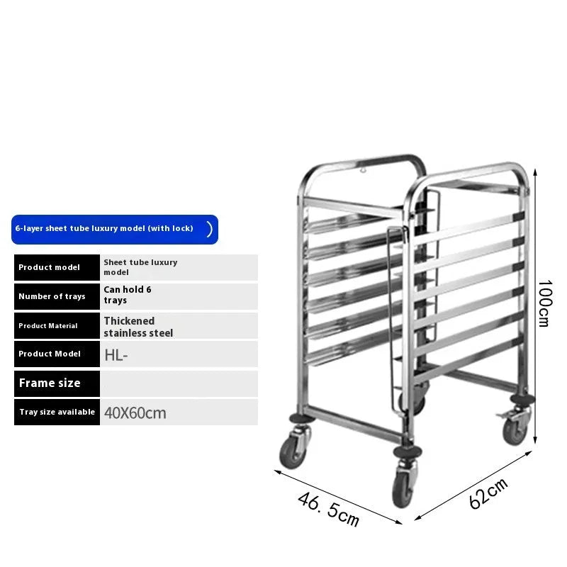 Stainless steel six-layer baking tray rack with lock for 40x60cm commercial trays.